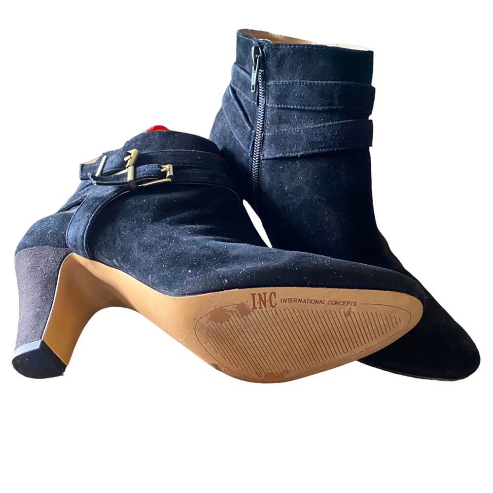 INC Dorine Black Leather Ankle Bootie Boots Size 8.5 M Buckle Zip 3" Heel